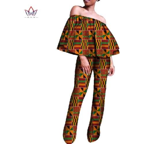 BINTAREALWAX African Print Women Casual Jumpsuit Off the Shoulder Print Ankle-length Jumpsuit for Women Plus Size WY1023