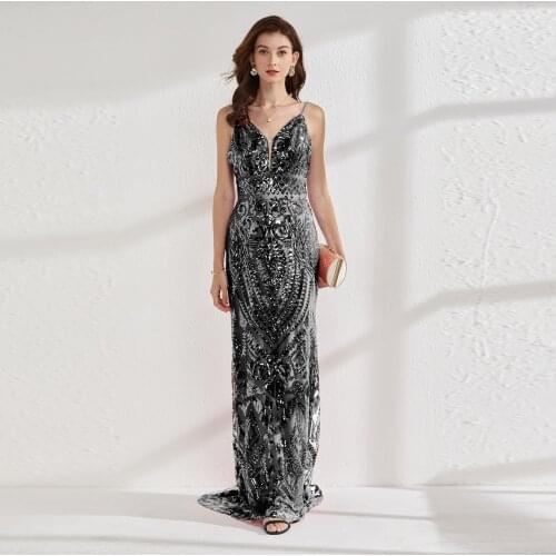 Ladies Cocktail Dresses Sexy Suspenders Slim Backless Embroidered Sequins V-Neck Robe De Soire De Mariage Prom Evening Sparkles