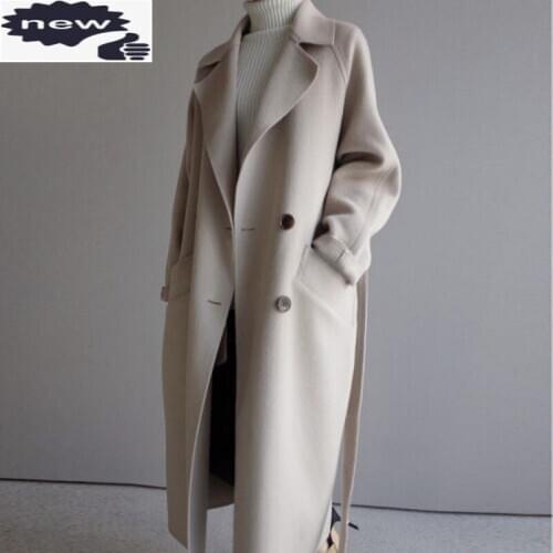 Office Ladies Long Wool Blends Sashes Belted Loose Fit Women Woolen Overcoat Double Breasted Winter Business Outerwear Coat