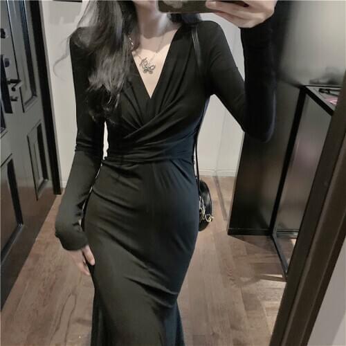 Solid Sexy Midi Dress Women Office Lady V-neck Design Elegant Dress Casual Evening Party One Piece Dress Korean 2020 Autumn Chic