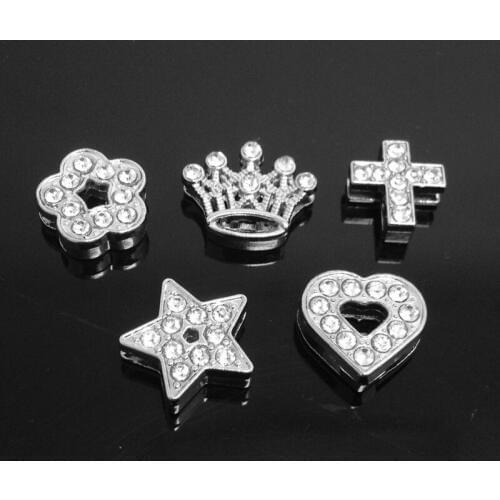 10PCS 8mm Silver Rhinestone Flower Star Heart Slide Charms Slide Beads DIY 8mm Bracelets Wristbands,Belt Straps Pet Name Collar