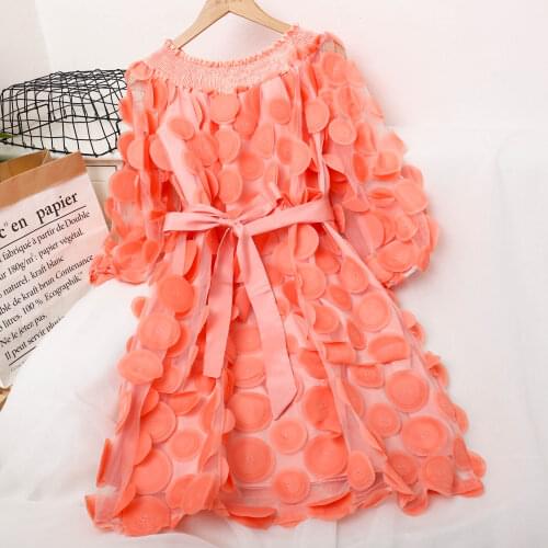 2021 Summer Women Slash Neck Puff Sleeve 3D Petals Flower Mesh Gauze Dress Lady Bandage Strap Elastic Ruffles Chiffon Chic Dress