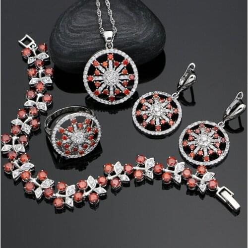 Silver 925 Bridal Jewelry Mystic Red Cubic Zirconia White Beads Jewelry Sets For Women Earrings Necklace Set 4PCS