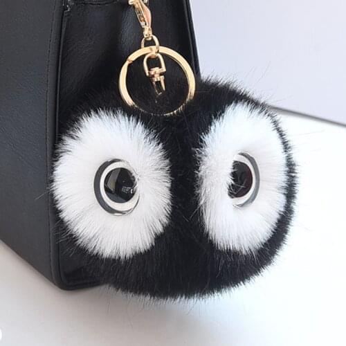 Cute Faux Rabbit Fur Owl Key Chain Gold Ring Fluffy Pompom Ball Keychain Women Bag Charms Panda Toy Trinket Party Wedding Gift
