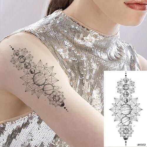 VANKIRS Black Geometric Planet Moon Chains Temporary Tattoo Kit Stickers Women Men Body Arm Ankle Tatto Custom Fake DIY Tattoo