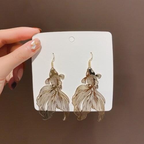 Chinese Style Personality Vintage Hollow Goldfish Dangle Earrings Fashion Temperament Creative Koi Fish Girl Jewelry Accessories