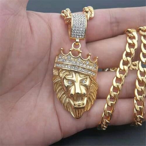 Stainless Steel Lion Head Pendant Iced Out Bling Crown Gold Color Animal Necklace for Men/Women Hip Hop Jewelry Dropshipping