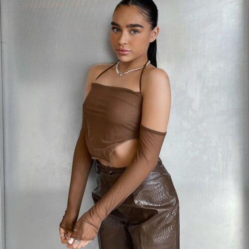 Europe and the United States 2021 summer mesh bra off shoulder lace up neck back sexy vest short womens top crop tops women