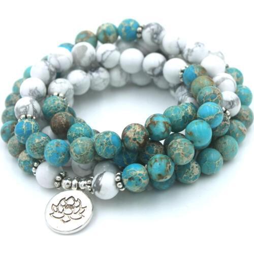 Fashion Women Bracelet 108 Mala Yoga Bracelet Howlite Natural Stone With Lotus Charm Bracelet