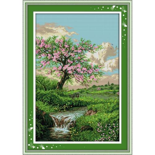 The peaches blossom in spring cross stitch kit 14ct 11ct count print canvas cotton stitching embroidery DIY handmade needlework