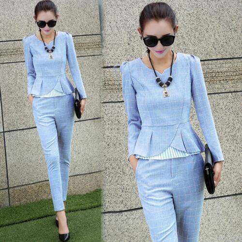 New Arrival Design Formal woman set Office Blazer Pants Suit Plaid Pattern 2 Pieces Set Female L-XXL Plus Size Autumn