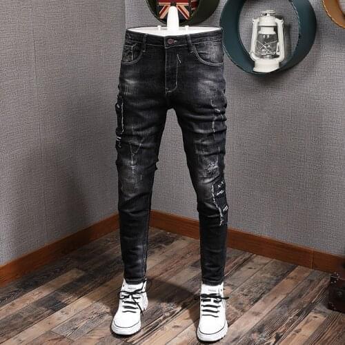Newly Designer Fashion Men Jeans Black Color Elastic Slim Fit Ripped Denim Pants High Quality Korean Style Hip Hop Long Trousers