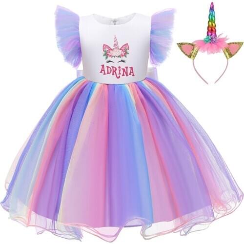 Girls' Printed Letter Unicorn Color Dress Mesh Splicing Big Bowknot Flying Sleeve Princess Dress Children Birthday Party Clothes