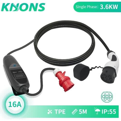 Khons EVSE Type 2 Electric Vehicle Car EV Charger With Red CEE Plug 16A Adjustable 16ft Cable EV Portable Charging Connector