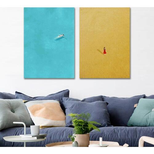 Blue Yellow Cartoon Swimming Walking Girl Canvas Painting Wall Art Wall Pictures Kids Room Girls Decoration Nordic Poster