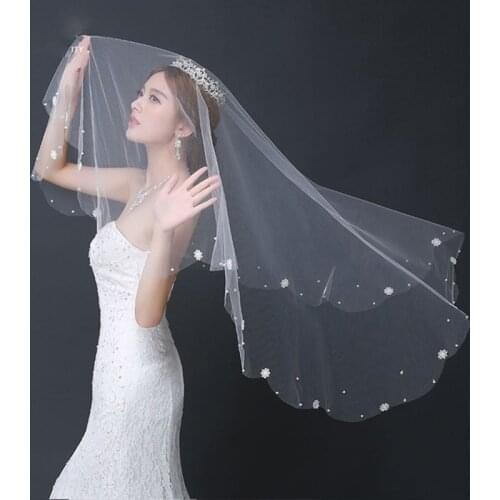 Brides Ivory wedding veil tulle Beaded Flower Bridal Veils 2021