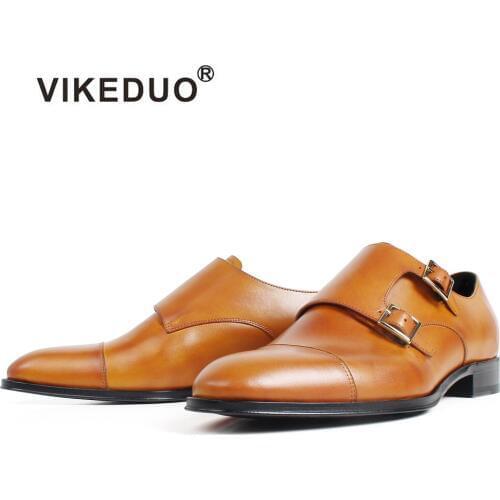 VIKEDUO 2020 New Double Monk Strap Dress Shoes Men Genuine Leather Patina Wedding Office Round Toe Footwear Casual Mens Shoes