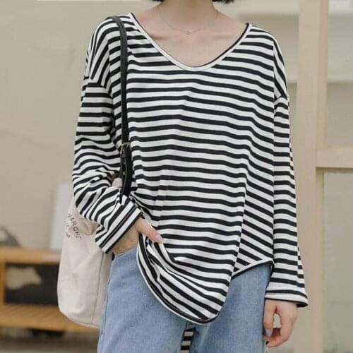 New Autumn Women T Shirt Korean Chic Striped V Neck Long Sleeve T-shirts Female Casual Loose Tees Tops