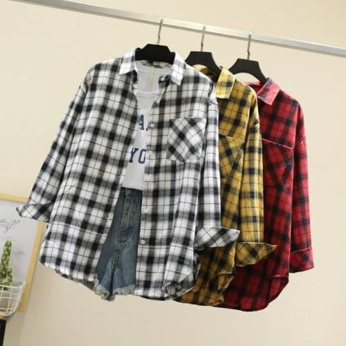 Womens Long-Sleeved Plaid Shirt Loose Top Vintage Shirt Blusas Ropa De Mujer