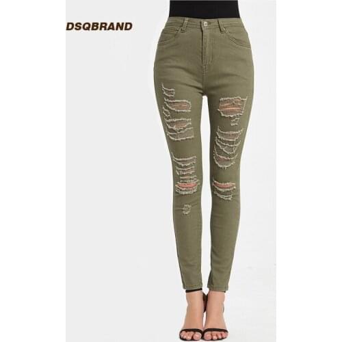 DSQBRAND Womens Jeans High Waist Army Green + White Ripped Tights Fashion Street Style Girl Boyfriend Jeans High Quality Long
