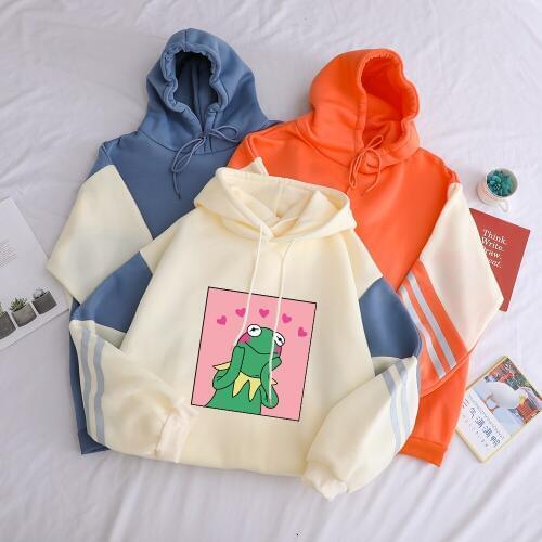 Anime Cartoon Print Hoodies Women Funny Frog Casual Korean Style Streetwear Hooded Hot Sale Drop Shoulder For Winter Thicken