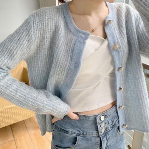2021 Autumn New Elegant Knitting Sweater Short Blue Tops Knit Cardigan Small fragrant wind Loose Long Sleeve Sweater Coat