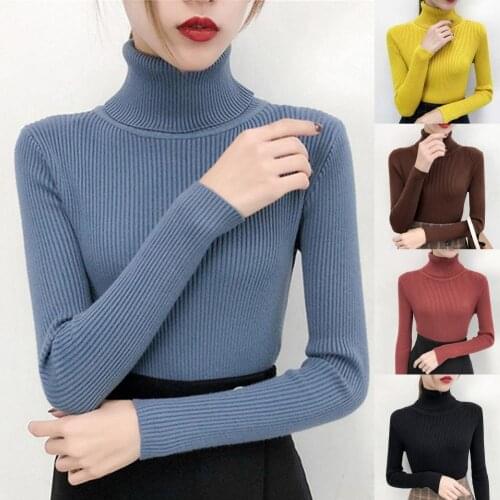 Women Sweater Ribbing Turtleneck Autumn Winter Solid Color High Stretchy Knitted Slim Pullover Streetwear Soft Long Sleeve Top