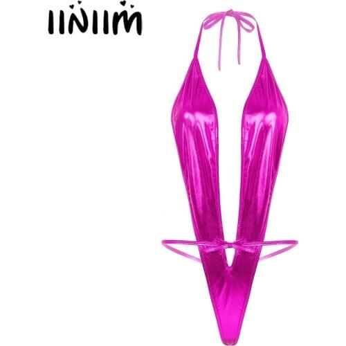 Iiniim Womens Femme Shiny Lingerie Teddies Bodysuits Catsuit Metallic Patent Leather Lace-up Micro Bikini Wetlook Pole Clubwear