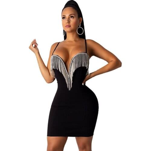 New sling deep V tassel diamond temperament slim sexy goddess bandage dress party dress