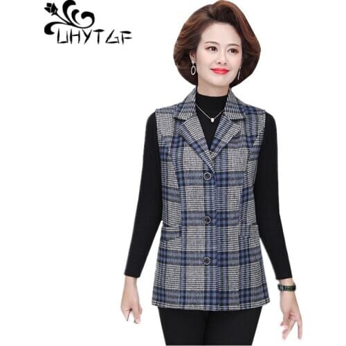UHYTGF Vest For Women Fashion Plaid Sleeveless Spring Autumn Woolen Waistcoat Loose Plus Size Jacket Casual Female Warm Top 1828