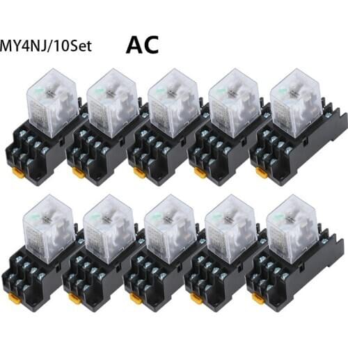 10set MY4NJ HH54PL AC 12/24/36V/48V/110/220V/380V Coil 4NO 4NC Green LED Indicator Power Relay DIN Rail 14 Pin Base
