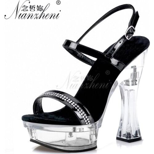 14cm Super High Stripper Heeled Shoes Party Models Narrow Band Rhinestone Buckle Strap Crystal Womens Platform Sandals Fashion