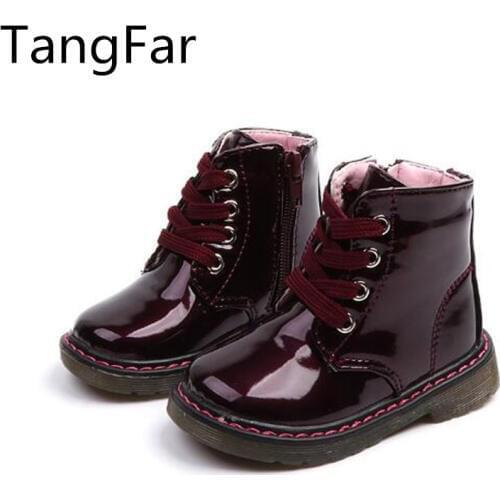 Children Waterproof Ankle Boots Patent Leather Zipper Boys Girls Fashion Rubber Boot Light Pink Kids Sneaker Botas
