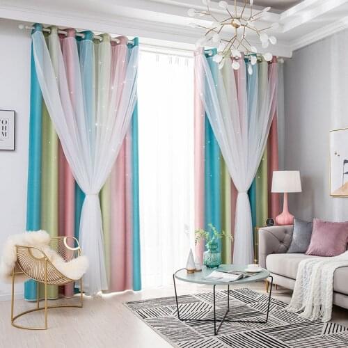 Rainbow Color Hollow Star Double Layer Blackout Curtains Kids Girl White Sheer Window Curtains For Bedroom Living Room
