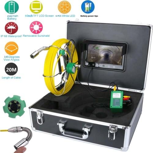 IP68 Waterproof Drain Pipe Sewer Inspection Camera System 9"LCD 1000 TVL Camera with 6W LED Lights 20M/30M/40M/50M