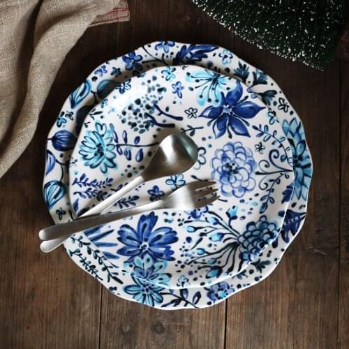 Ceramic Underglaze Color Blue Hand-painted Flowers Decorative Western Food Plate Steak Plate