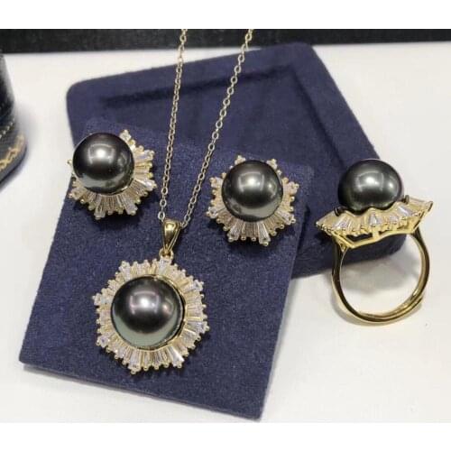 D612 Pearl Set Fine Jewelry 925 Sterling Silver Round 9-12mm Zircons Nature Sea Water Tahiti Pearls Jewelry Sets for Women