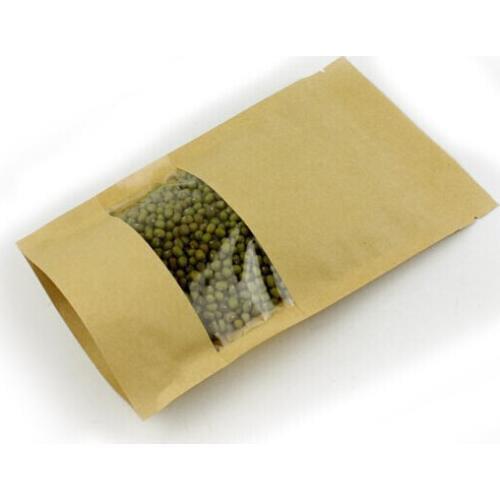 12*20+4 50pcs brown self zip lock kraft paper bags with window for gifts sweets and candy food tea jewelry retail package paper
