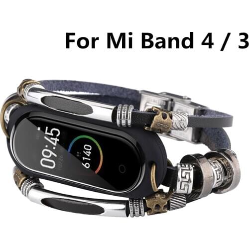Leather+Metal Wrist Strap For Xiaomi Mi Band 4 & Mi Band 3 Bracelet Smart Accessories Watchbands For Mi Band4 / Mi 3 Wristband