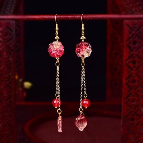Traditional Chinese Earrings Long Tassel Earrings for Women Ethnic Dangle Earrings Handmade Red Jewelry Birthday Gift