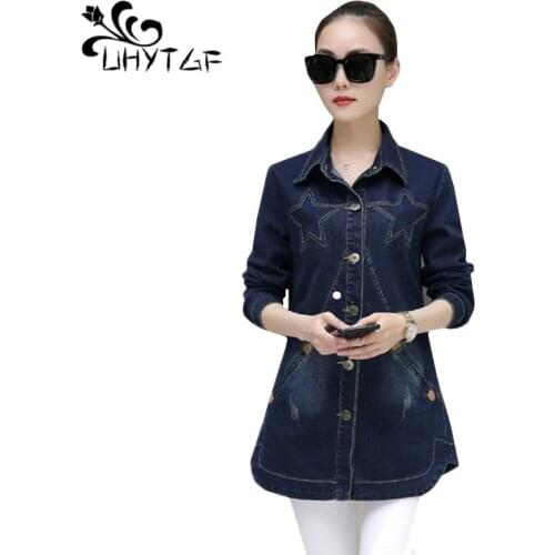 UHYTGF Spring Autumn Denim Jacket Women Clothing Plus Size Tops Loose Long Sleeve Wild Fashion Jeans Coat Female Outerwear 136