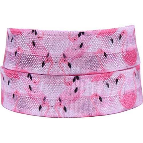 Flora Ribbons flamingo foe, 50 yards heat transfer printed fold over elastic for hair ties