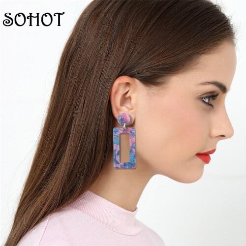 SOHOT Hot Sale Square Acetic Acid Acrylic Drop Earrings Hollow Boho Style European Charm Women Jewley Accessories For Birthday