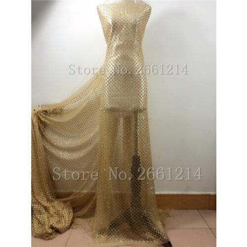 Fashionable african glitter lace fabric 5yard/lot embroidered tulle lace with glued glitter in gold color