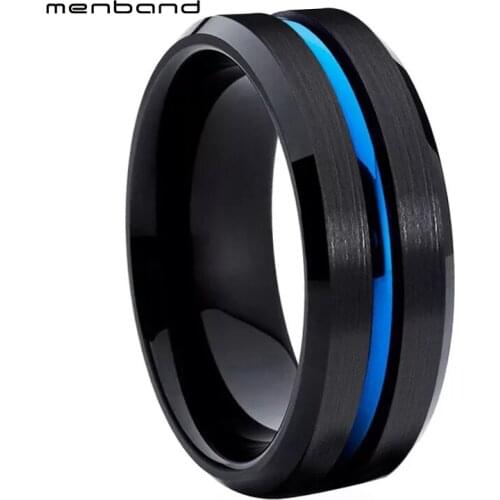 Black Blue Ring Mens Tungsten Carbide Ring 8MM Wedding Ring Grooved And Beveled Finish Comfort Fit