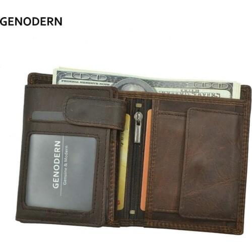 GENODERN Vintage Men Wallets Crazy Horse Leather Wallets for Men Multi Function Men Wallet with Coin Pocket Brown Male Purse