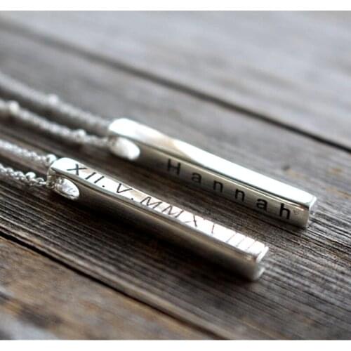 Custom coordinate Necklace,Personalized Engraved Vertical Bar Pendant Necklace in Silver,Skinny Bar Necklace,Name Birthday Gift