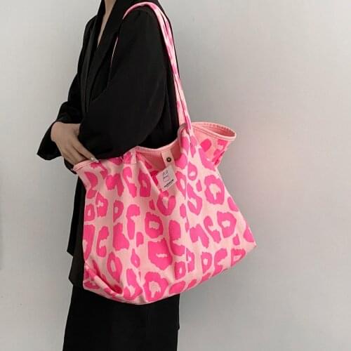 Pink Leopard Shoulder Bag Shopping Bag Womens Large Capacity Casual Totes Ladies Cute Canvas Bags Bucket Handbag Fashion Bag