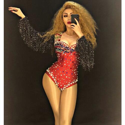 Sexy Red Tassel Bodysuit Female Singer Stage Wear Birthday Celebrate Bar Suit Multicolor Stones Fringes Sleeves Clothes DT516