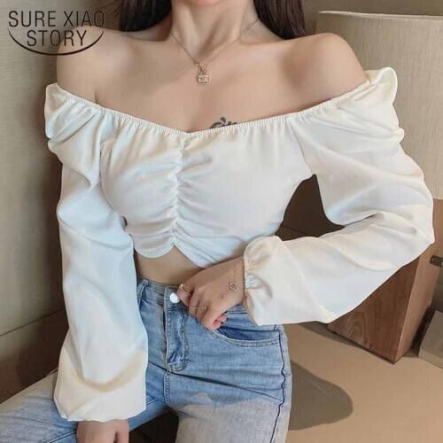 Sexy Fashion Pleated Clavicle Spring Short Tops Sweet Long Puff Sleeve Shirt Solid Slim Blouse Women Blusas Mujer De Moda 12578